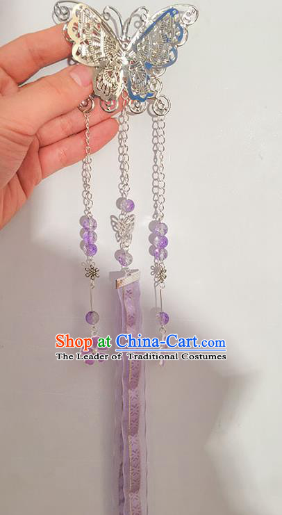 Traditional Handmade Chinese Ancient Princess Classical Hanfu Accessories Jewellery Long Lilac Ribbons Hair Sticks Butterfly Hair Claws, Tassel Hair Fascinators Hairpins for Women