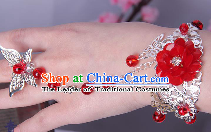 Traditional Handmade Chinese Ancient Princess Classical Hanfu Accessories Jewellery Red Flower Butterfly Bracelet and Ring Chain for Women