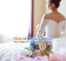 Top Grade Classical Wedding Silk Flowers, Bride Holding Emulational Blue Flowers, Hand Tied Bouquet Flowers for Women