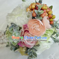 Top Grade Classical Wedding Silk Flowers, Bride Holding Emulational Pink Fruit Flowers, Hand Tied Bouquet Flowers for Women