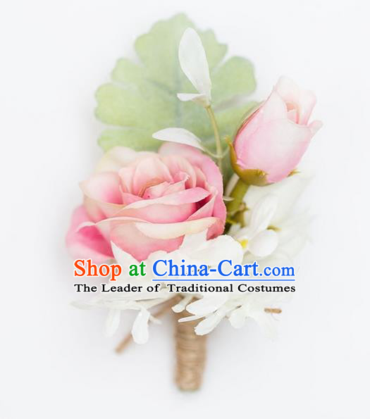 Top Grade Classical Wedding Silk Flowers,Groom Emulational Corsage Groomsman Pink Brooch Flowers for Men