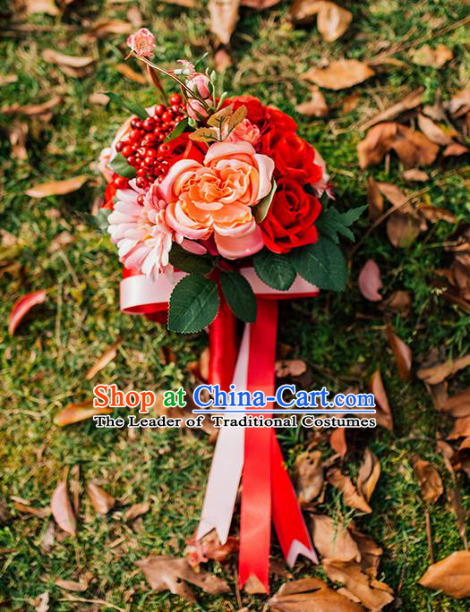 Top Grade Classical Wedding Silk Flowers, Bride Holding Emulational Red Rose Flowers, Hand Tied Bouquet Flowers for Women