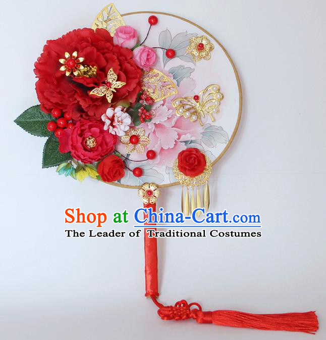 Traditional Handmade Chinese Ancient Classical Wedding Accessories Decoration, Bride Wedding Flowers Round Fan, Hanfu Xiuhe Suit Palace Butterfly Fan for Women