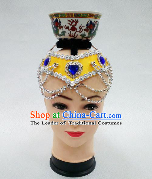 Traditional Chinese Mongol Nationality Dancing Accessories Headdress, Mongolian Folk Dance Ethnic Headwear Top Bowl Dance Yellow Hat for Women