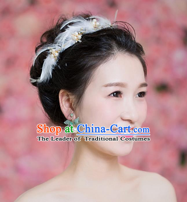 Handmade Chinese Classical Hair Accessories Wedding Hair Sticks Hair Jewellery, Bride Royal Crown Pearl Feather Hair Clasp for Women