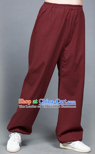 Traditional Chinese Top Flax Kung Fu Costume Martial Arts Kung Fu Training Wine Red Pants, Tang Suit Gongfu Shaolin Wushu Clothing Tai Chi Taiji Teacher Trousers for Men