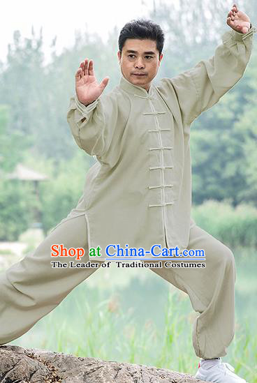 Traditional Chinese Top Linen Kung Fu Costume Martial Arts Kung Fu Training Light Grey Uniform, Tang Suit Gongfu Shaolin Wushu Clothing, Tai Chi Taiji Teacher Suits Uniforms for Men