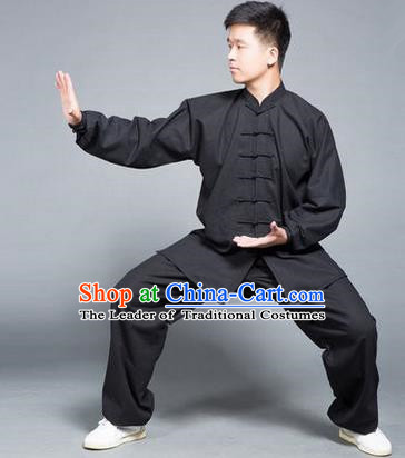 Traditional Chinese Top Flax Kung Fu Costume Martial Arts Kung Fu Training Black Uniform, Tang Suit Gongfu Shaolin Wushu Clothing, Tai Chi Taiji Teacher Suits Uniforms for Men