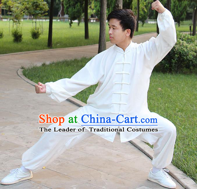 Traditional Chinese Top Silk Cotton Kung Fu Costume Martial Arts Kung Fu Training Long Sleeve White Uniform, Tang Suit Gongfu Shaolin Wushu Clothing, Tai Chi Taiji Teacher Suits Uniforms for Men
