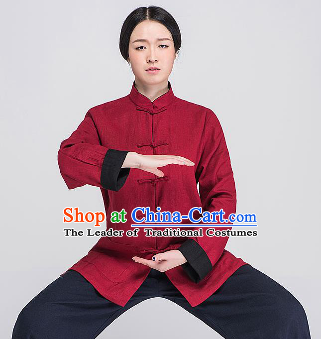 Traditional Chinese Top Linen Kung Fu Costume Martial Arts Kung Fu Training Plated Buttons Red Blouse, Tang Suit Gongfu Shaolin Wushu Clothing, Tai Chi Taiji Teacher Coat for Women
