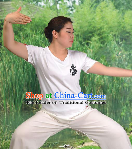 Traditional Chinese Top Cotton Kung Fu Costume Martial Arts Kung Fu Training Short Sleeve T-Shirt, Tang Suit Gongfu Shaolin Wushu Clothing, Tai Chi Taiji Teacher T-shirts for Women