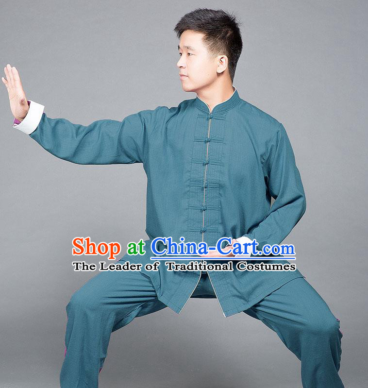 Traditional Chinese Top Linen Kung Fu Costume Martial Arts Kung Fu Training Plated Buttons Roll Sleeve Blue Uniform, Tang Suit Gongfu Shaolin Wushu Clothing, Tai Chi Taiji Teacher Suits Uniforms for Men