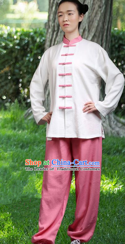Traditional Chinese Top Linen Kung Fu Costume Martial Arts Kung Fu Training Red Plated Buttons White Uniform, Tang Suit Gongfu Shaolin Wushu Clothing, Tai Chi Taiji Teacher Suits Uniforms for Women