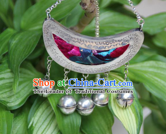 Traditional Chinese Miao Nationality Crafts, Hmong Handmade Silver Embroidery Jewelry Bell Pendant, Black Rope Necklace Pendant for Women