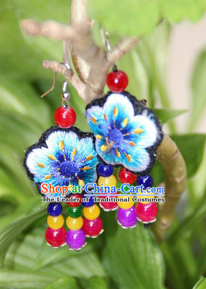 Traditional Chinese Miao Nationality Crafts, Hmong Handmade Embroidery Beads Tassel Earrings, Miao Ethnic Minority Eardrop Accessories Ear Pendant for Women