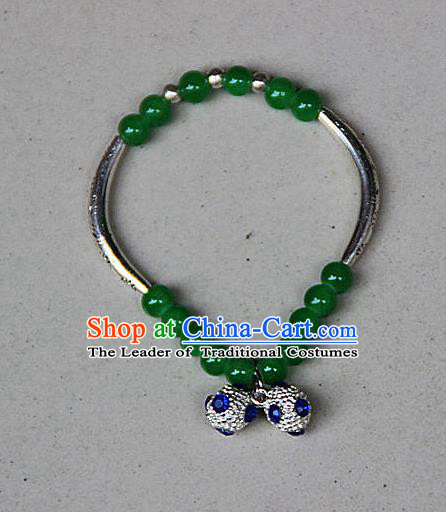 Traditional Chinese Miao Nationality Crafts Jewelry Accessory Bangle, Hmong Handmade Miao Silver Green Beads Bracelet, Miao Ethnic Minority Bells Bracelet Accessories for Women