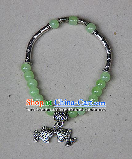 Traditional Chinese Miao Nationality Crafts Jewelry Accessory Bangle, Hmong Handmade Miao Silver Light Green Beads Bracelet, Miao Ethnic Minority Double Fish Bracelet Accessories for Women