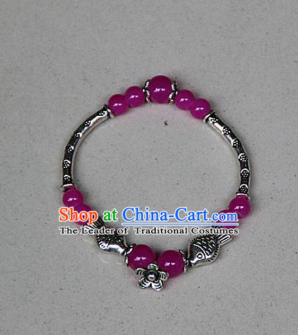 Traditional Chinese Miao Nationality Crafts Jewelry Accessory Bangle, Hmong Handmade Miao Silver Rose Beads Bracelet, Miao Ethnic Minority Bracelet Accessories for Women