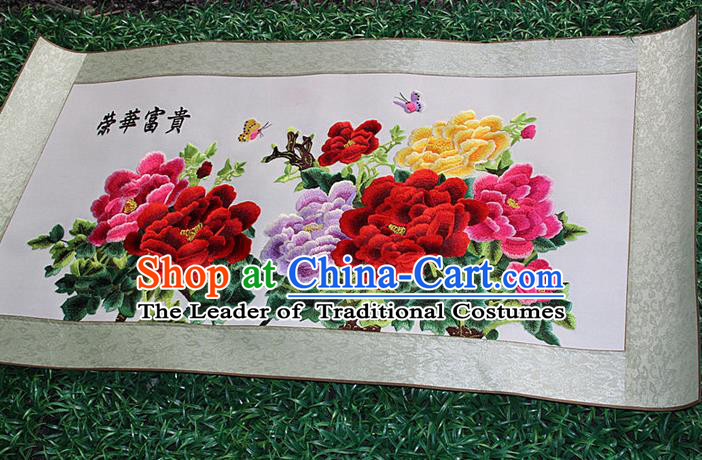 Traditional Chinese Miao Nationality Minority Crafts Hmong Xiangxi Embroidery Decorative Paintings, Embroidery Peony Flowers Meaning Noble Scroll Painting for Friends