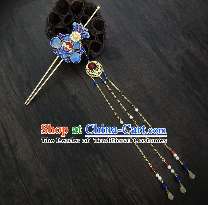 Traditional Handmade Chinese Ancient Classical Hair Accessories Barrettes Hairpin, Imperial Emperess Tassel Headdress Blueing Hair Jewellery, Hair Fascinators Hairpins for Women