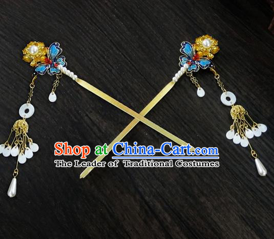 Traditional Handmade Chinese Ancient Classical Hair Accessories Barrettes Butterfly Hairpin, Blueing Hair Sticks Hair Jewellery, Hair Fascinators Hairpins for Women