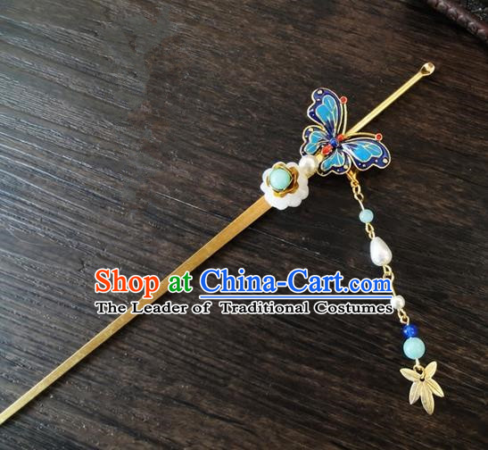 Traditional Handmade Chinese Ancient Classical Hair Accessories Barrettes Hairpin, Blueing Butterfly Hair Sticks Hair Jewellery, Hair Fascinators Hairpins for Women