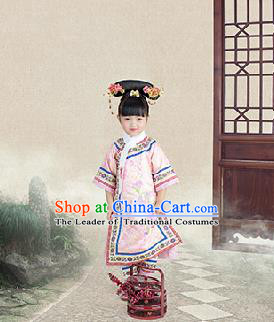 Traditional Ancient Chinese Children Costume, Chinese Qing Dynasty Manchu Little Lady Dress, Cosplay Chinese Manchu Minority Princess Embroidered Clothing for Kids