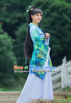 Traditional Ancient Chinese Imperial Emperess Costume, Chinese Han Dynasty Palace Lady Dress, Cosplay Chinese Princess Printing Flowers Green Hanfu Ru Skirt Clothing for Women
