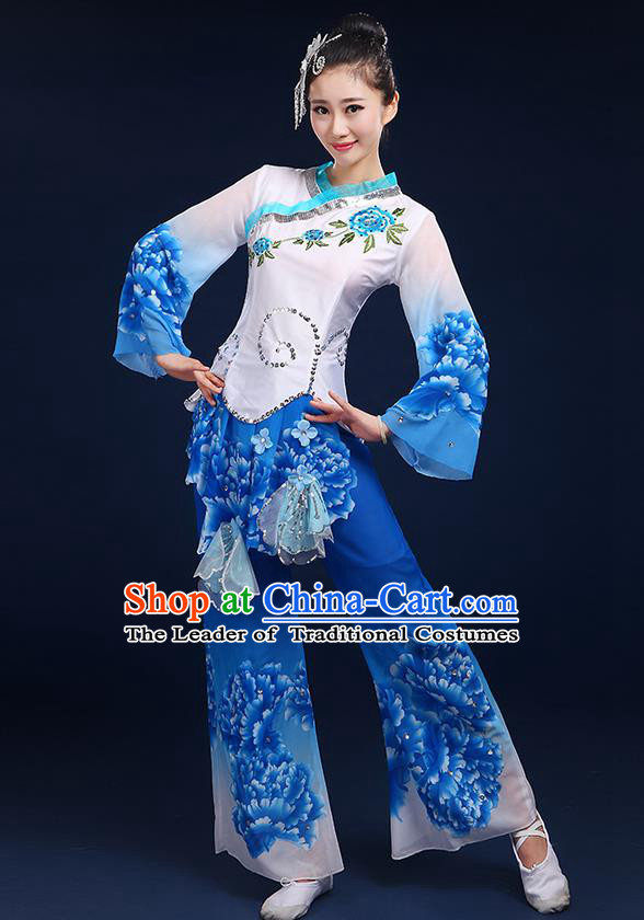 Traditional Chinese Yangge Fan Dancing Costume, Folk Dance Yangko Mandarin Sleeve Peony Painting Blouse and Pants Uniforms, Classic Umbrella Dance Elegant Dress Drum Dance Blue Clothing for Women