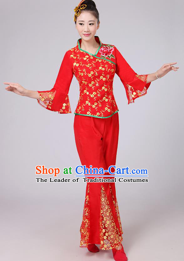 Traditional Chinese Yangge Fan Dancing Costume, Folk Dance Yangko Mandarin Sleeve Gilding Blouse and Pants Uniforms, Classic Dance Elegant Dress Drum Dance Red Clothing for Women