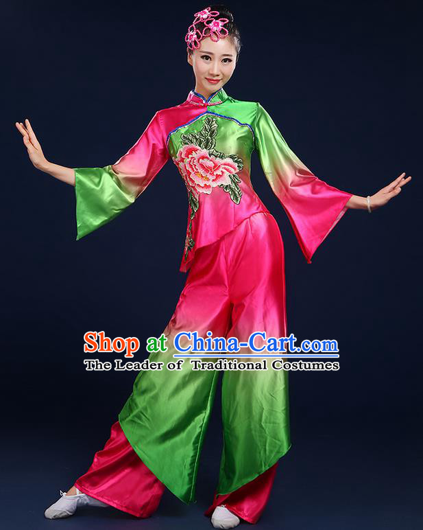 Traditional Chinese Yangge Fan Dancing Costume, Folk Dance Yangko Satin Mandarin Sleeve Peony Painting Blouse and Pants Uniforms, Classic Umbrella Dance Elegant Dress Drum Dance Clothing for Women