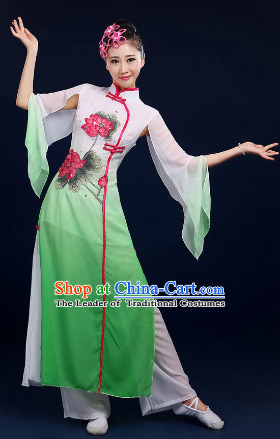 Traditional Chinese Yangge Fan Dancing Costume, Folk Dance Yangko Uniforms, Classic Umbrella Lotus Dance Elegant Dress Drum Dance Green Clothing for Women