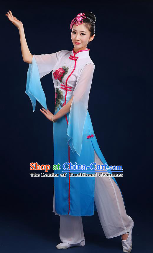 Traditional Chinese Yangge Fan Dancing Costume, Folk Dance Yangko Uniforms, Classic Umbrella Lotus Dance Elegant Dress Drum Dance Blue Clothing for Women