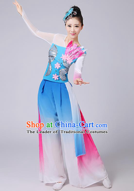 Traditional Chinese Yangge Fan Dancing Costume, Folk Dance Yangko Uniforms, Classic Umbrella Dance Elegant Dress Drum Dance Flowers Clothing for Women