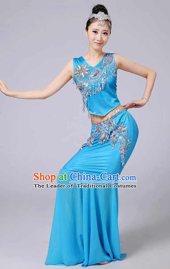 Traditional Chinese Dai Nationality Peacock Dancing Costume, Folk Dance Ethnic Paillette Tassel Fishtail Dress Princess Uniform, Chinese Minority Nationality Dancing Blue Clothing for Women