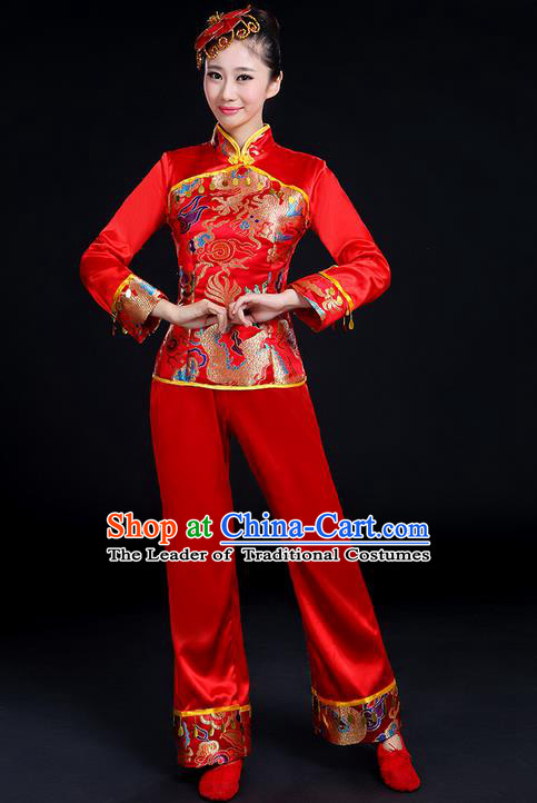 Traditional Chinese Yangge Fan Dancing Costume, Folk Dance Yangko Uniforms, Classic Umbrella Dance Elegant Dress Drum Dance Satin Red Clothing for Women