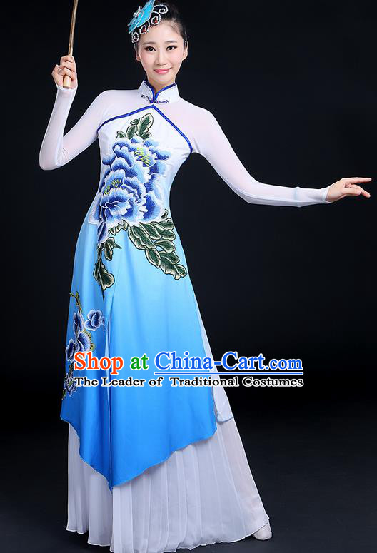 Traditional Chinese Yangge Fan Dancing Costume, Folk Dance Yangko Mandarin Collar Peony Painting Uniforms, Classic Dance Elegant Big Swing Dress Drum Dance Clothing for Women