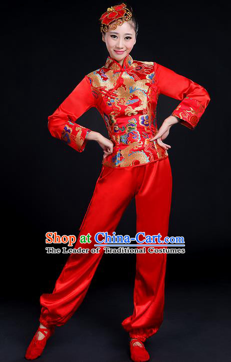 Traditional Chinese Yangge Fan Dancing Costume, Folk Dance Yangko Mandarin Collar Embroidered Dragon Blouse and Pants Uniforms, Classic Dance Elegant Dress Drum Dance Red Clothing for Women