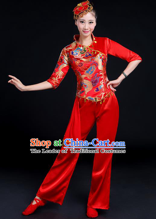 Traditional Chinese Yangge Fan Dancing Costume, Folk Dance Yangko Mandarin Collar Embroidered Dragon Blouse and Pants Uniforms, Classic Dance Elegant Dress Drum Dance Red Clothing for Women