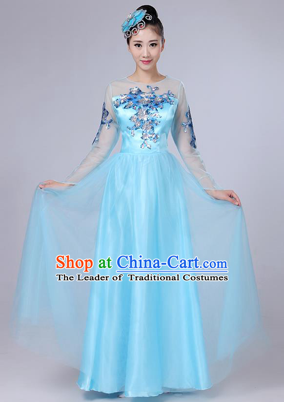 Traditional Chinese Modern Dancing Compere Costume, Women Opening Classic Dance Chorus Singing Group Bubble Embroidered Uniforms, Modern Dance Classic Dance Big Swing Blue Long Dress for Women