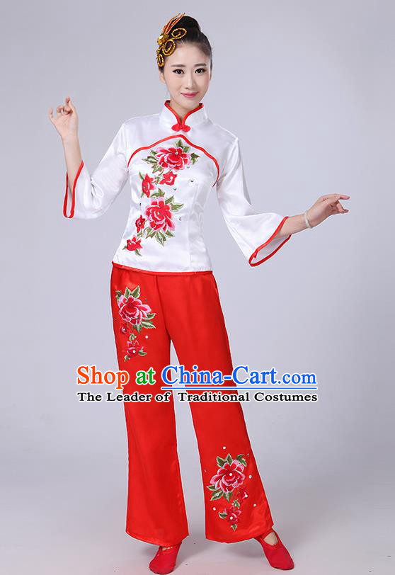 Traditional Chinese Yangge Fan Dancing Costume, Folk Dance Yangko Mandarin Collar Peony Embroidery Blouse and Pants Uniforms, Classic Dance Elegant Dress Drum Dance Clothing for Women