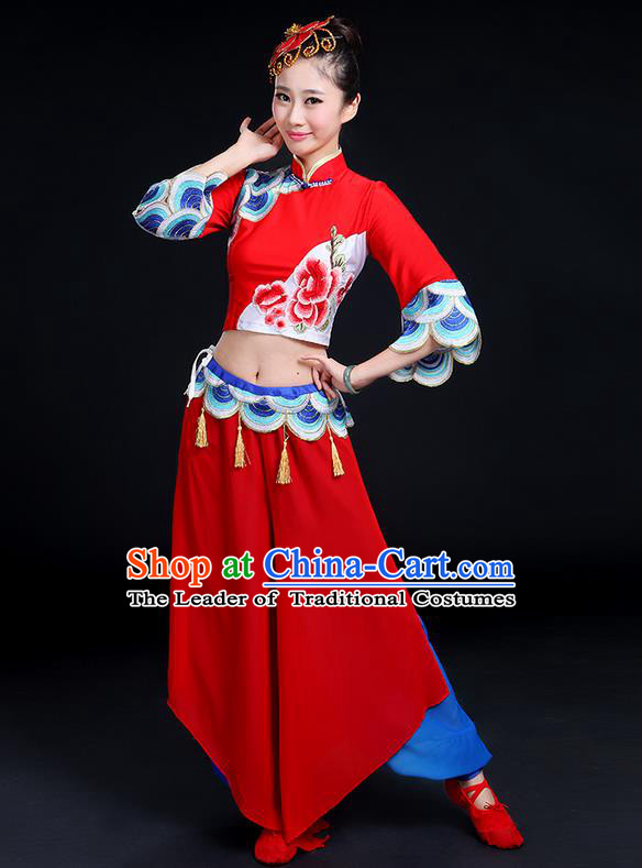 Traditional Chinese Yangge Fan Dancing Costume, Folk Dance Yangko Mandarin Collar Peony Tassel Blouse and Pants Uniforms, Classic Dance Elegant Dress Drum Dance Clothing for Women