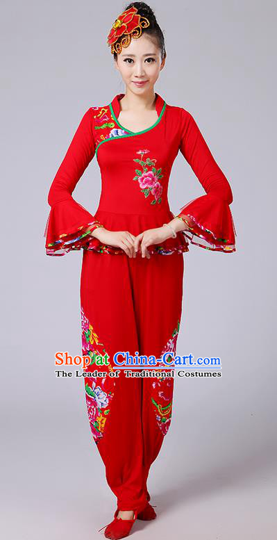 Traditional Chinese Yangge Fan Dancing Costume, Folk Dance Yangko Mandarin Sleeve Embroidery Peony Blouse and Pants Uniforms, Classic Dance Elegant Dress Drum Dance Red Clothing for Women