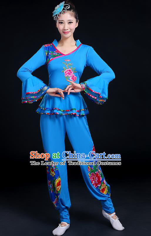 Traditional Chinese Yangge Fan Dancing Costume, Folk Dance Yangko Mandarin Sleeve Embroidery Peony Blouse and Pants Uniforms, Classic Dance Elegant Dress Drum Dance Blue Clothing for Women