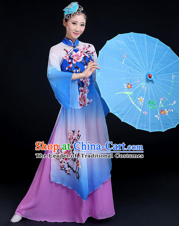 Traditional Chinese Yangge Fan Dancing Costume, Folk Dance Yangko Mandarin Sleeve Peach Blossom Painting Uniforms, Classic Dance Elegant Big Swing Dress Drum Dance Clothing for Women