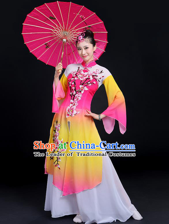 Traditional Chinese Yangge Fan Dancing Costume, Folk Dance Yangko Mandarin Sleeve Peach Blossom Painting Uniforms, Classic Dance Elegant Big Swing Dress Drum Dance Pink Clothing for Women