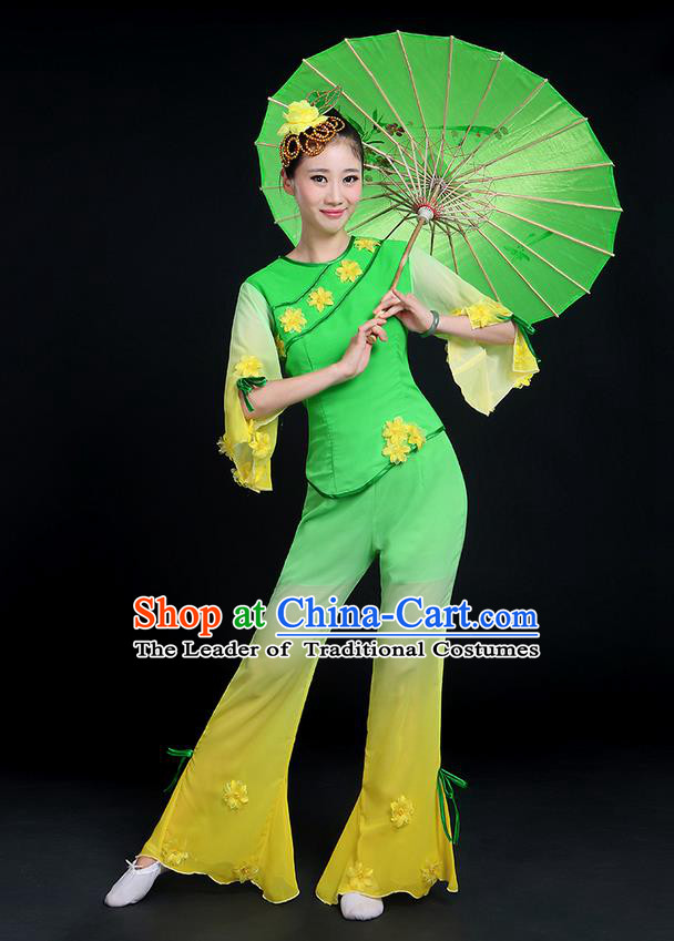 Traditional Chinese Yangge Fan Dancing Costume, Folk Dance Yangko Mandarin Sleeve Jasmine Flower Blouse and Pants Uniforms, Classic Dance Elegant Dress Drum Dance Green Clothing for Women