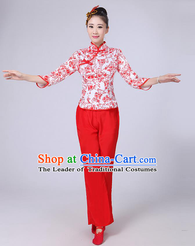 Traditional Chinese Yangge Fan Dancing Costume, Folk Dance Yangko Mandarin Collar Blue and White Porcelain Blouse and Pants Uniforms, Classic Dance Elegant Dress Drum Dance Red Clothing for Women