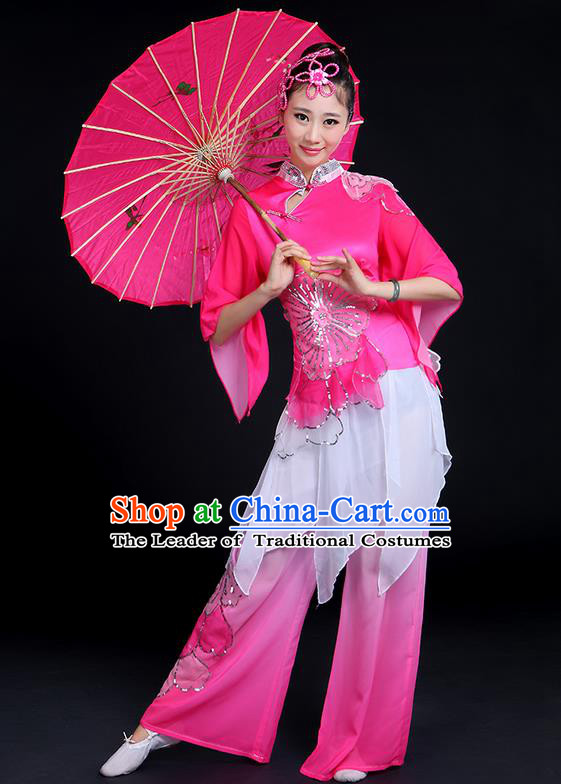 Traditional Chinese Yangge Fan Dancing Costume, Folk Dance Yangko Mandarin Collar Peony Blouse and Pants Uniforms, Classic Dance Elegant Big Swing Dress Drum Dance Pink Clothing for Women