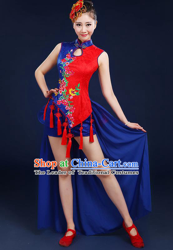 Traditional Chinese Yangge Fan Dancing Costume, Folk Dance Yangko Mandarin Collar Embroidered Peony Tassel Uniforms, Classic Dance Elegant Dress Drum Dance Clothing for Women